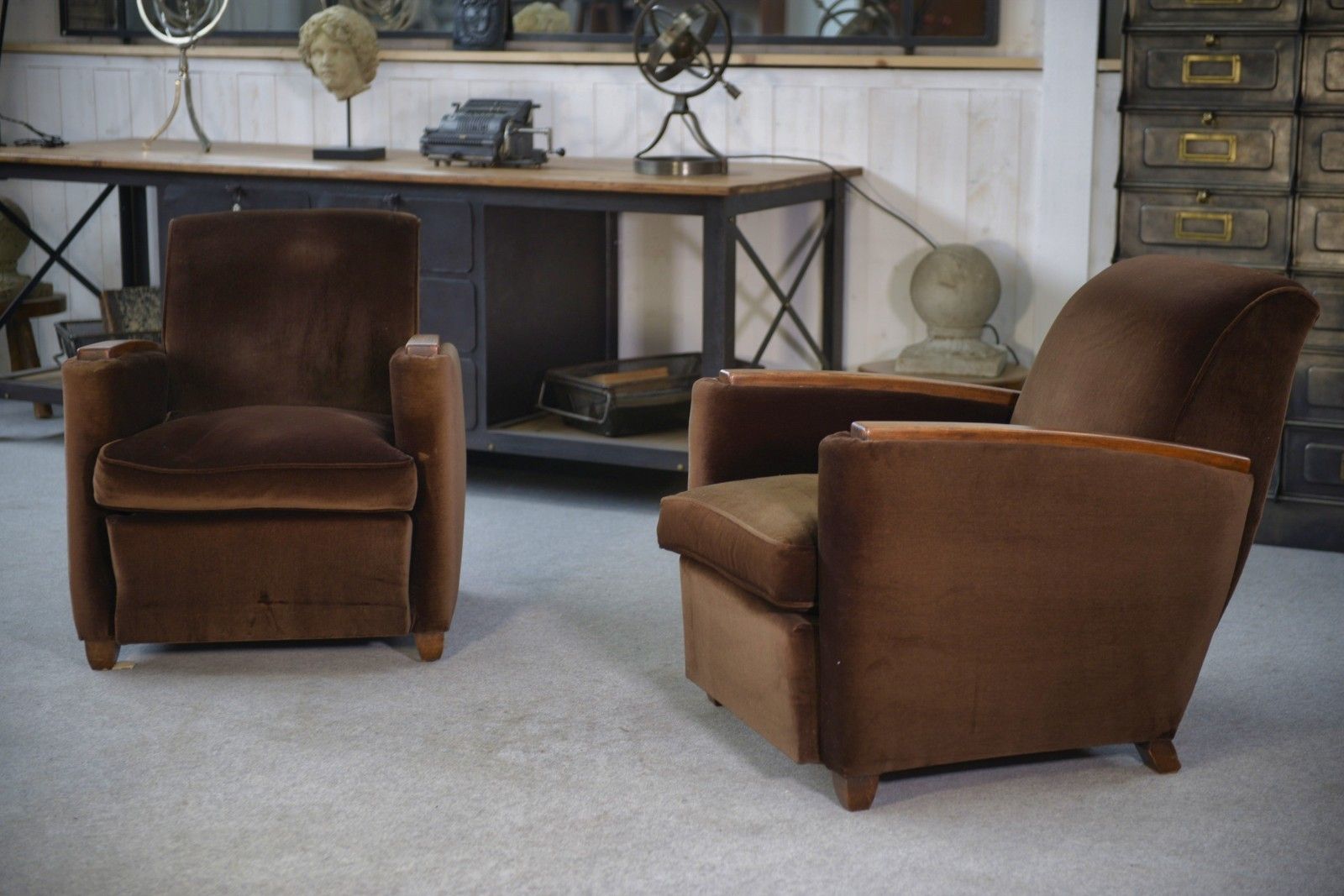 Pair Of Art Deco Velvet Club Armchairs In The Taste Of Jules Leleu 1930's photo Furniture