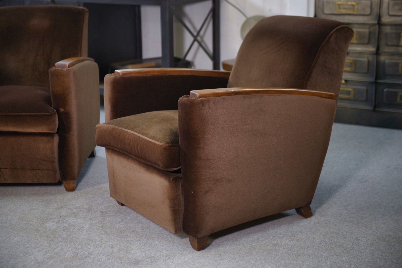 Pair Of Art Deco Velvet Club Armchairs In The Taste Of Jules Leleu 1930's photo vintage