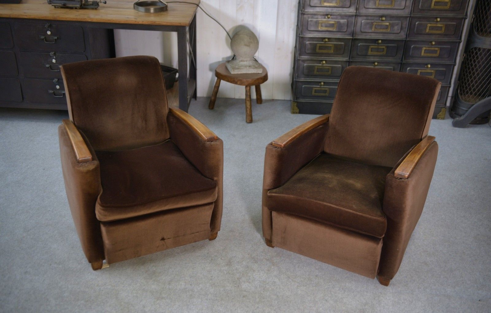 photo for sale Pair Of Art Deco Velvet Club Armchairs In The Taste Of Jules Leleu 1930's