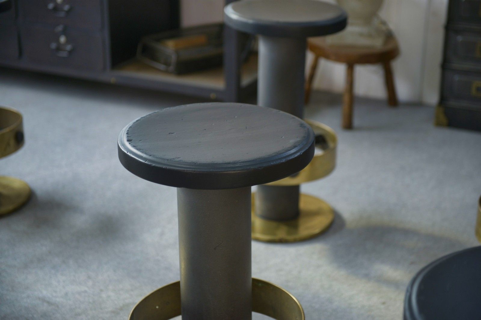 3306.0 1980's Steel And Brass Stool Set Of 6 photo