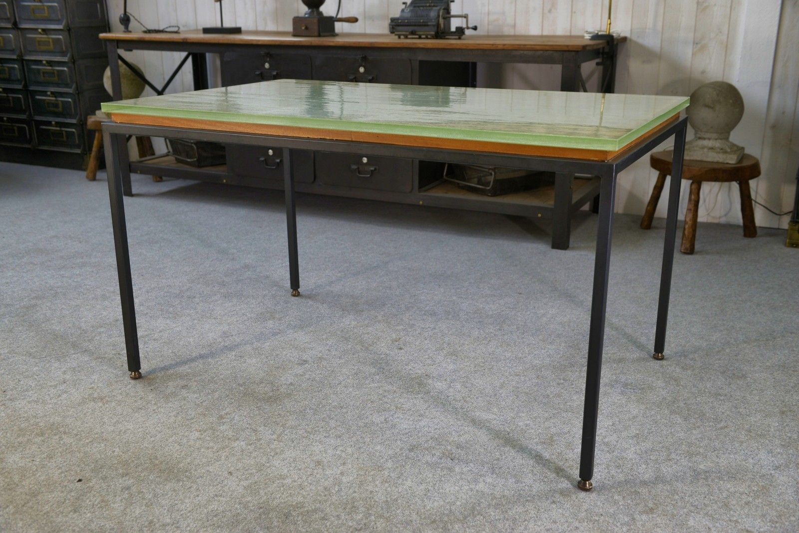 Saint Gobain Glass And Black Lacquered Metal Design Table 1960's
