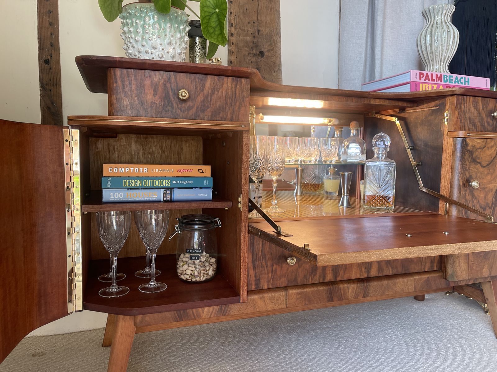 Mid Century Beautility Walnut Burl Cocktail Cabinet photo vinterior