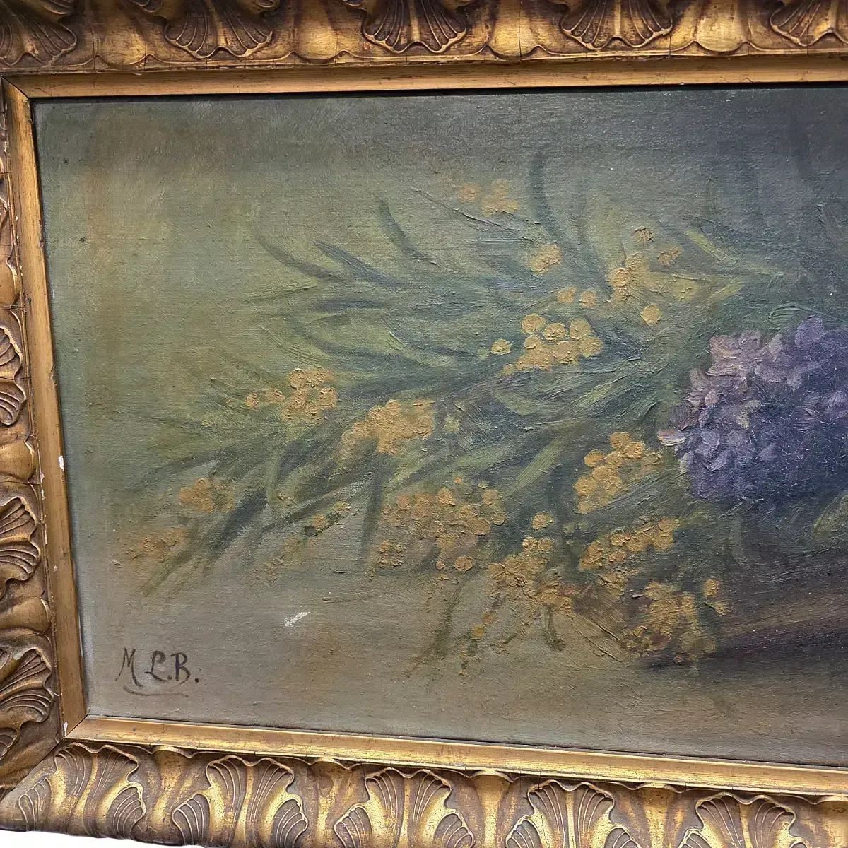 Antique Oil Painting Flower Still Life Ml.B. Early 1900s photo furniture