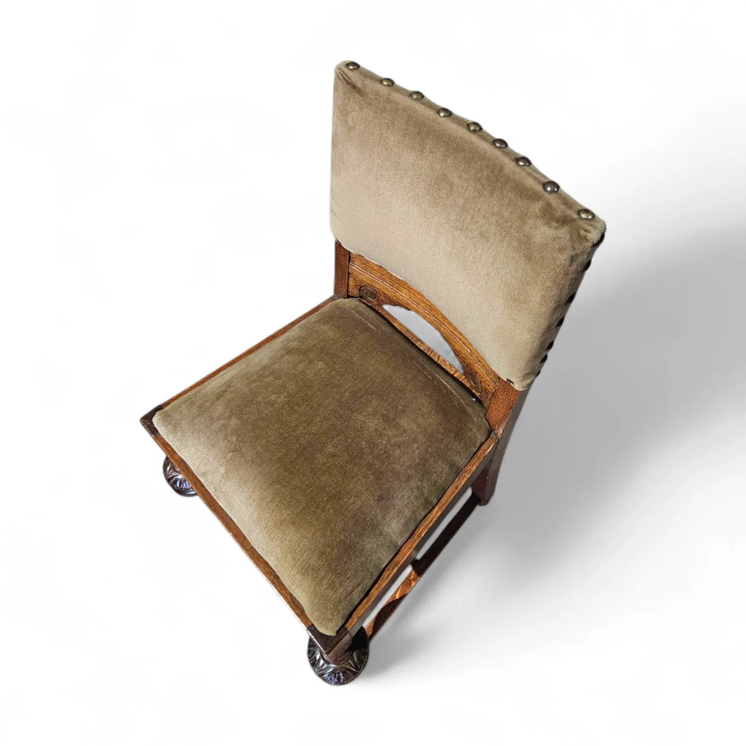 Jacobean / Tudor Style / Oak Chairs / Green Velvet / 1930s photo buy