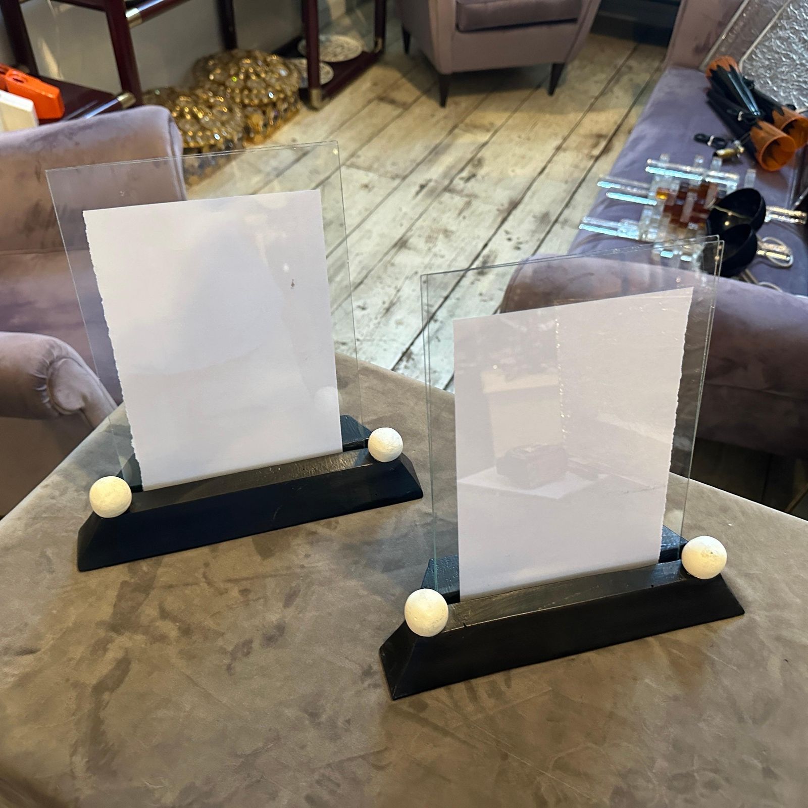 Two Art Deco Black And White Lacquered Wood And Glass French Picture Frames photo vintage