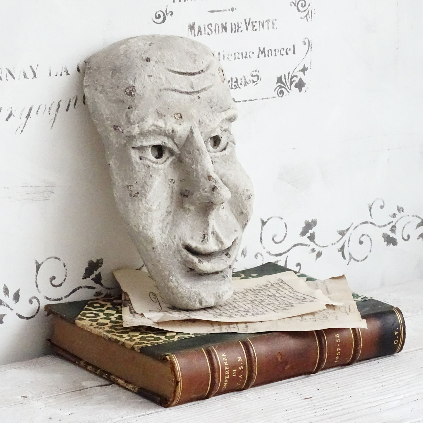 Grotesque Plaster Face Wall Sculpture, Distressed Creepy Portrait Mask, Human Face Plaster Cast Head photo furniture