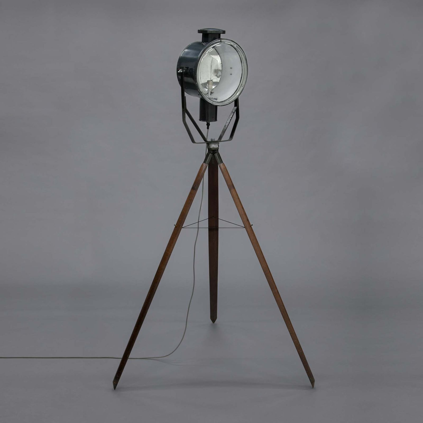 Hungarian Military Searchlight Floor Lamp On Wooden Tripod