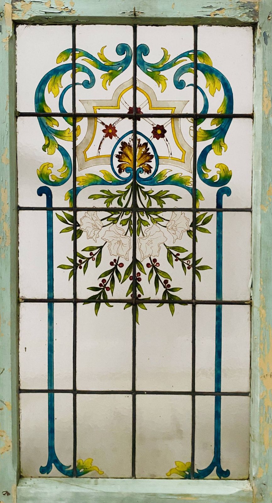 Art Deco Window And Transom In Fir And Painted Glass, 20th Century photo for sale