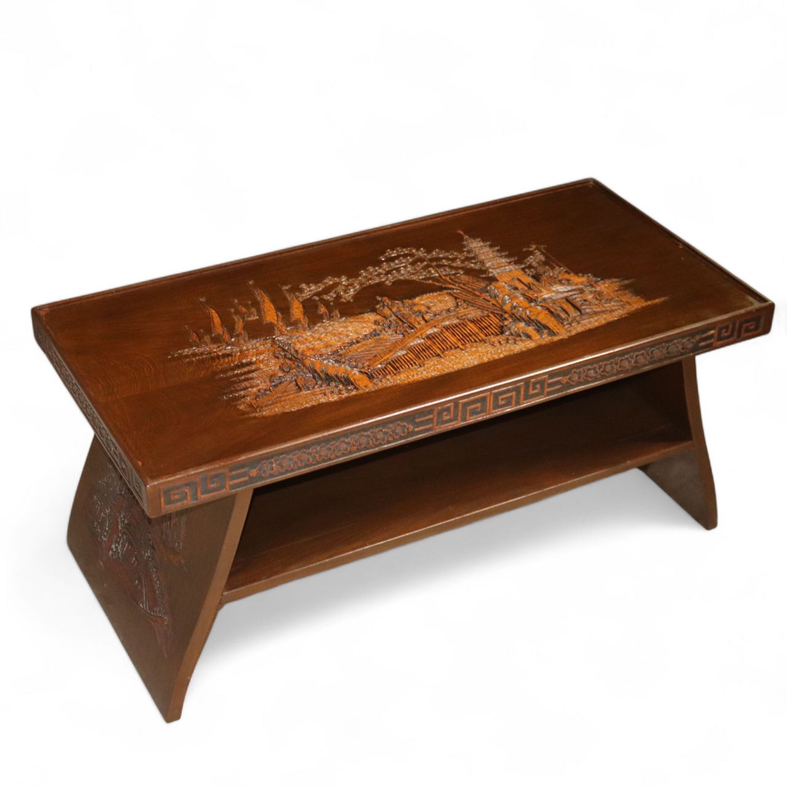 Vintage Chinoiserie Chinese Carved Wood Coffee Table Glass Top
