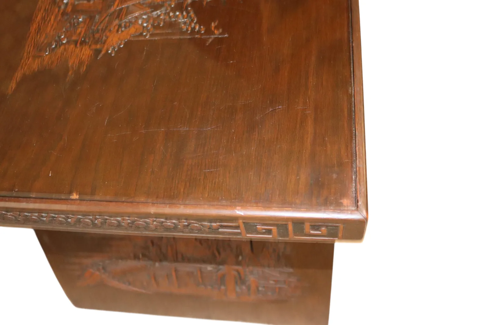 Vintage Chinoiserie Chinese Carved Wood Coffee Table Glass Top photo for sale