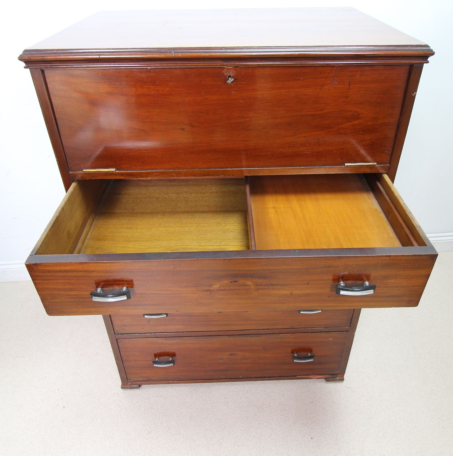 Large Art Deco Mahogany Secretaire Chest Of Drawers With Drop Front photo 395.0