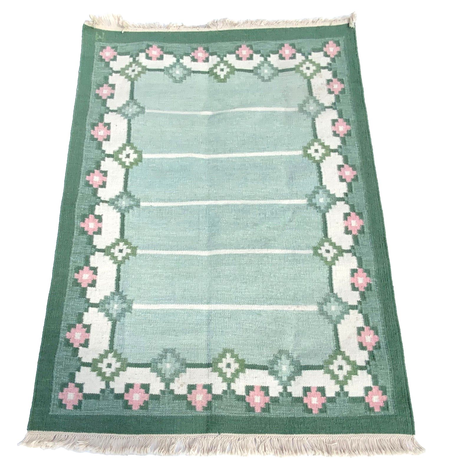 Swedish Green Wool Rug Flat Weave Kilim Rölakan Rug By “M”1960,  208cm X 140 Cm photo furniture