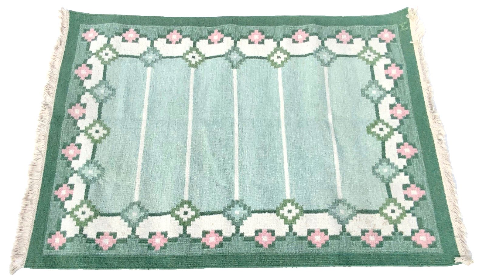 Swedish Green Wool Rug Flat Weave Kilim Rölakan Rug By “M”1960,  208cm X 140 Cm photo Textiles