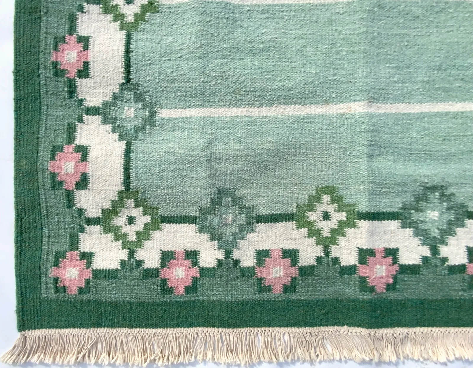 Swedish Green Wool Rug Flat Weave Kilim Rölakan Rug By “M”1960,  208cm X 140 Cm photo 651.0