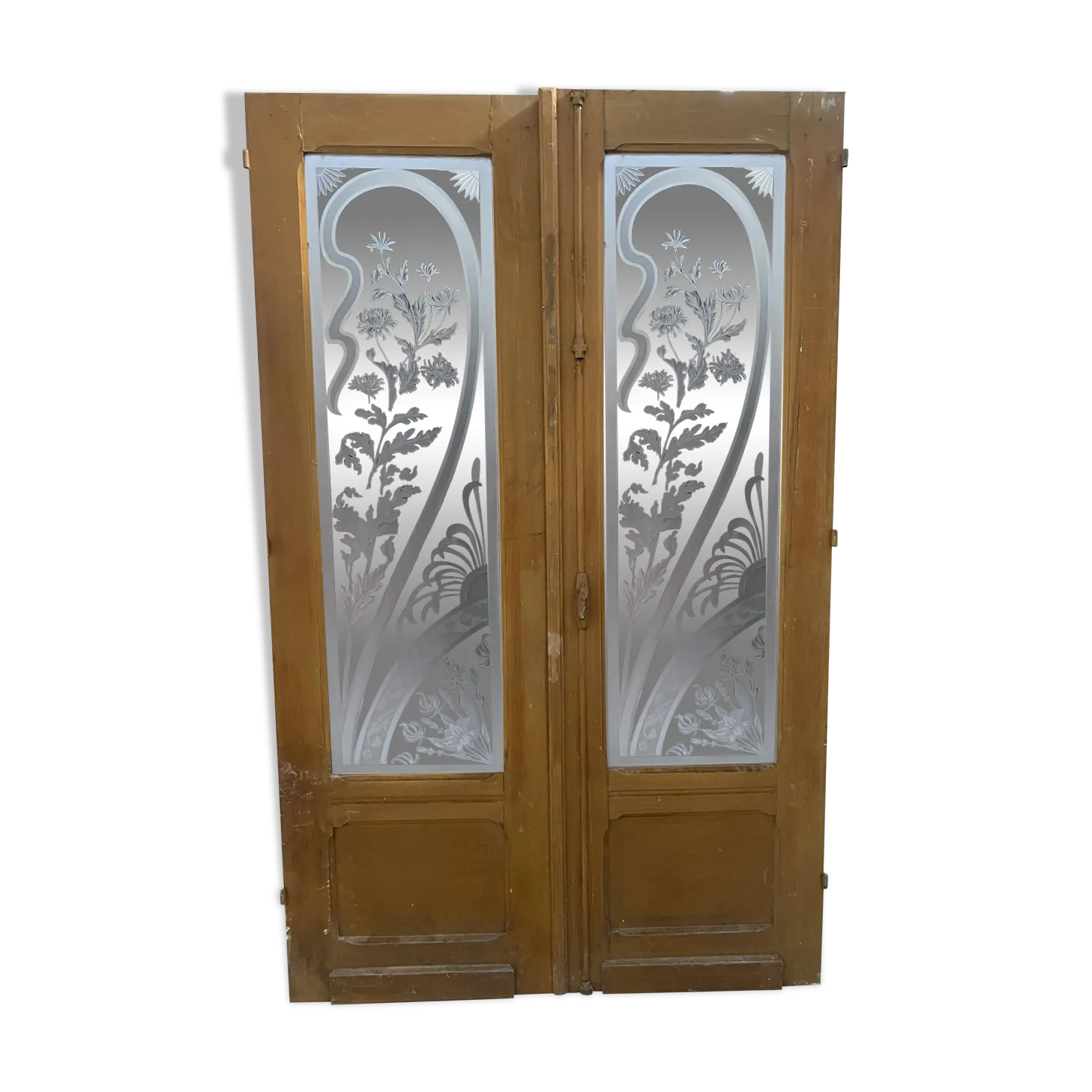 Double Dividing Door In Wood And Etched Glass, 20th Century