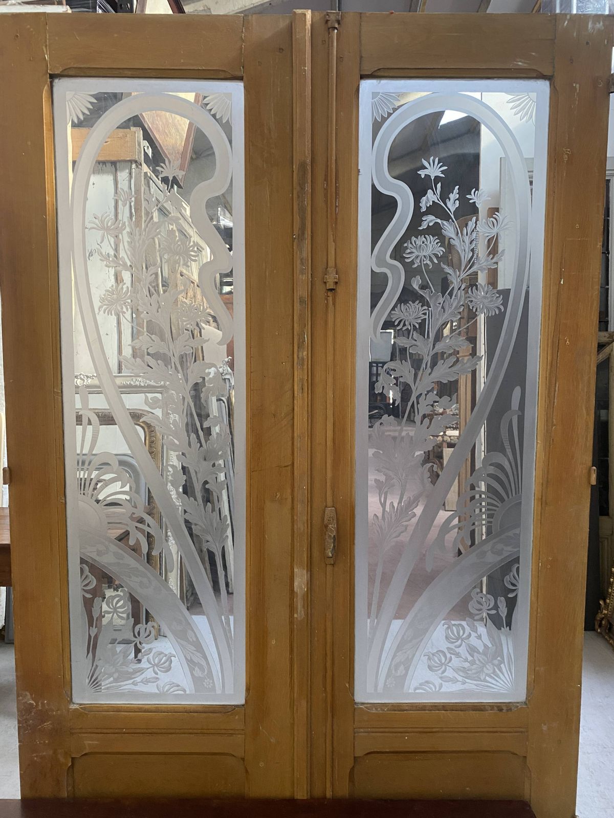 Double Dividing Door In Wood And Etched Glass, 20th Century photo vintage