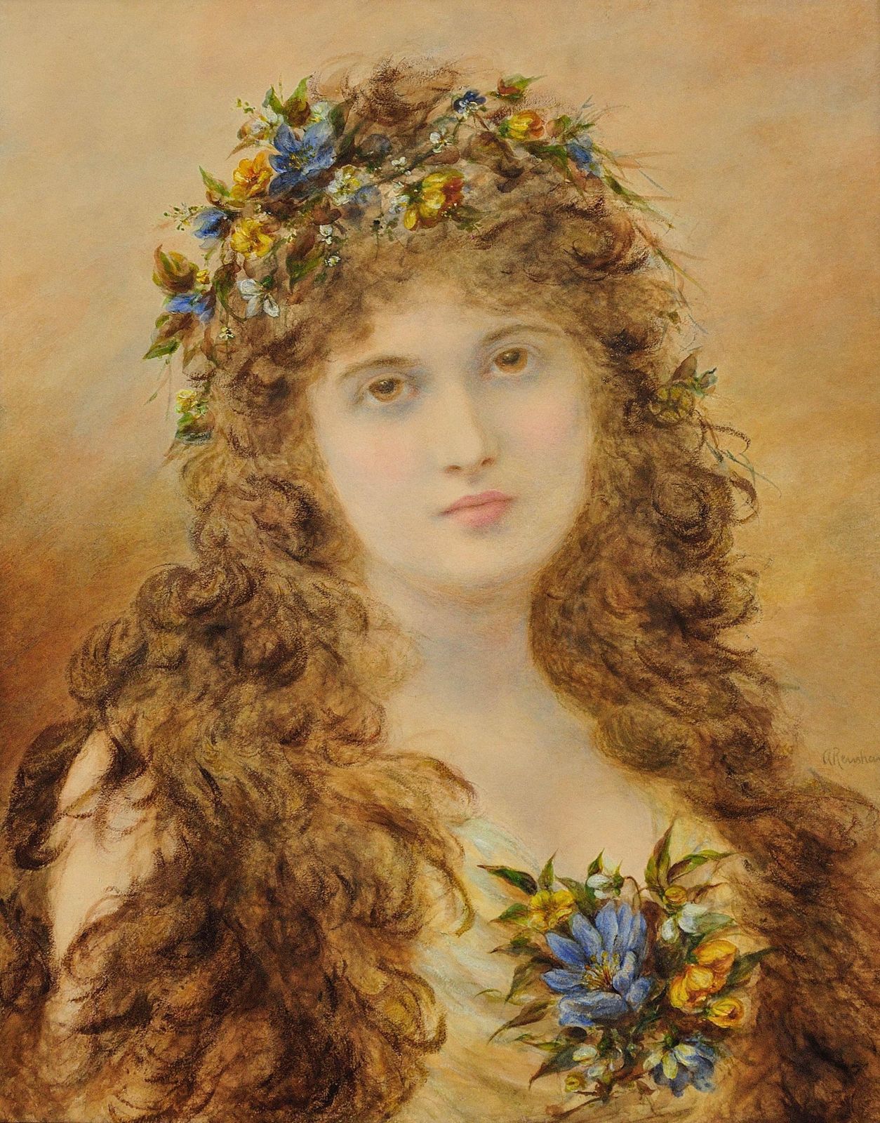 Alice Renshaw 1849 To 1900. Primavera. Young Lady With Springtime Flowers In Her Cascading Locks. Framed Victorian Mixed Media Painting. photo furniture