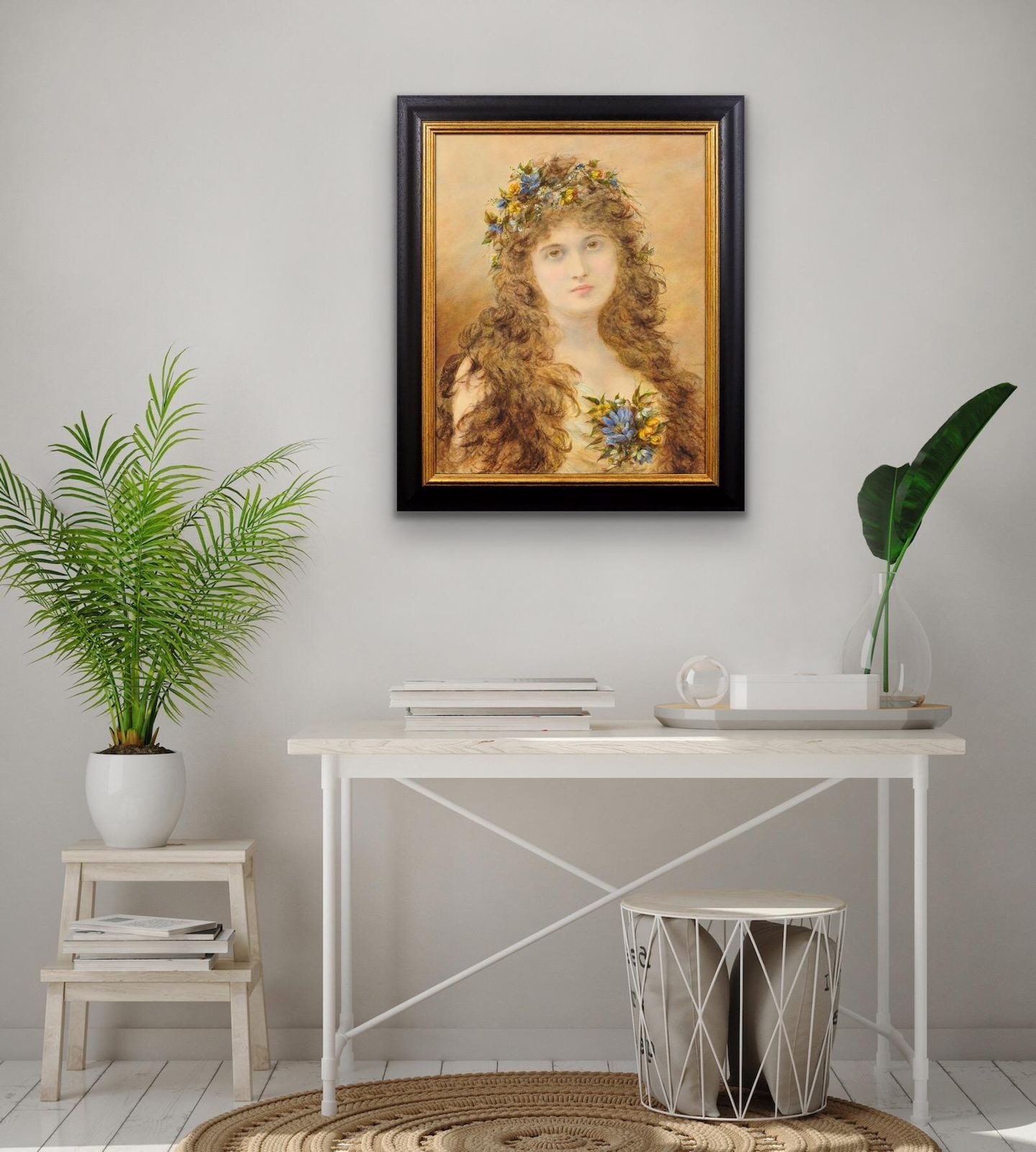 Alice Renshaw 1849 To 1900. Primavera. Young Lady With Springtime Flowers In Her Cascading Locks. Framed Victorian Mixed Media Painting. photo vintage