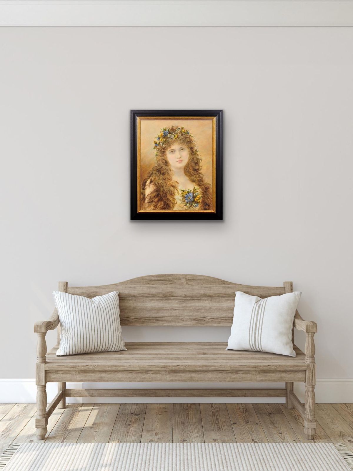 Art Alice Renshaw 1849 To 1900. Primavera. Young Lady With Springtime Flowers In Her Cascading Locks. Framed Victorian Mixed Media Painting. photo
