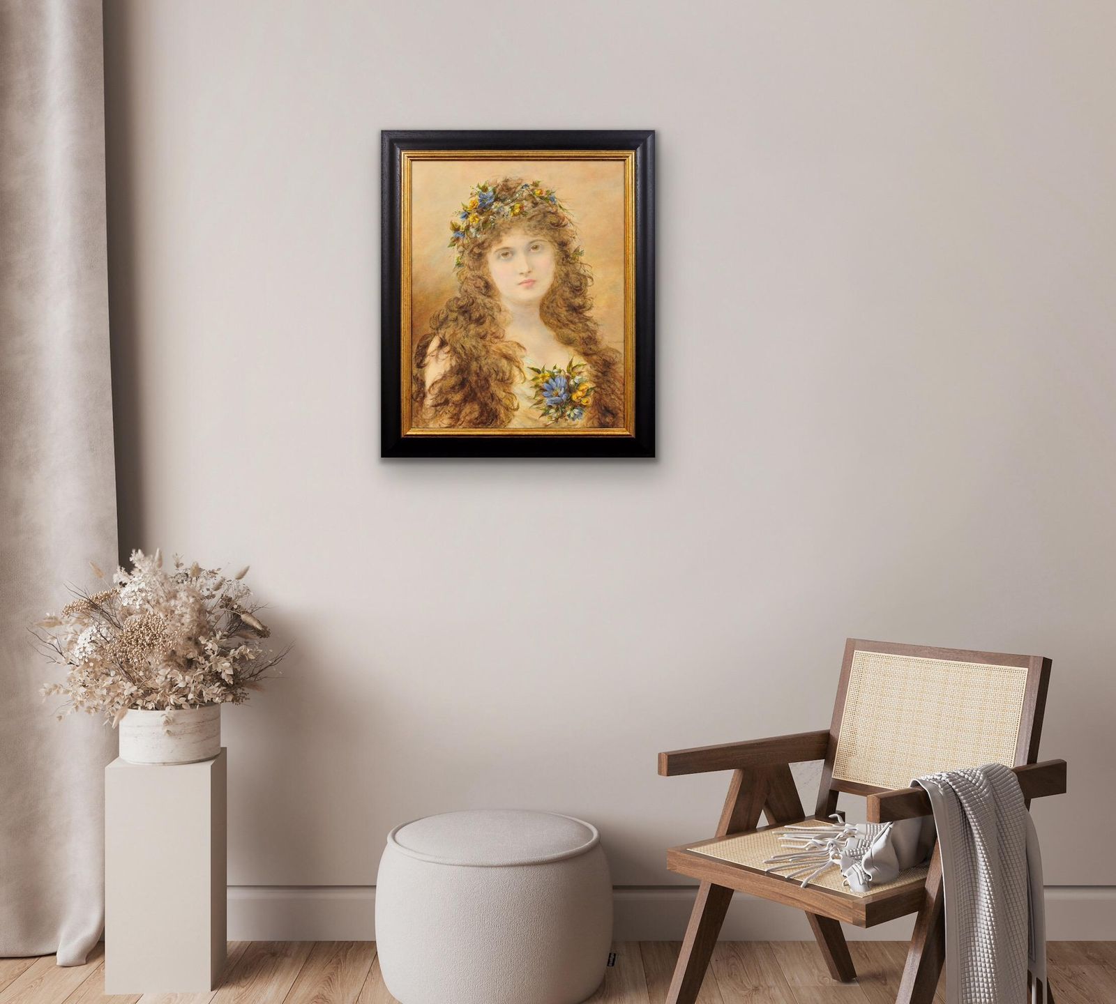 photo buy Alice Renshaw 1849 To 1900. Primavera. Young Lady With Springtime Flowers In Her Cascading Locks. Framed Victorian Mixed Media Painting.