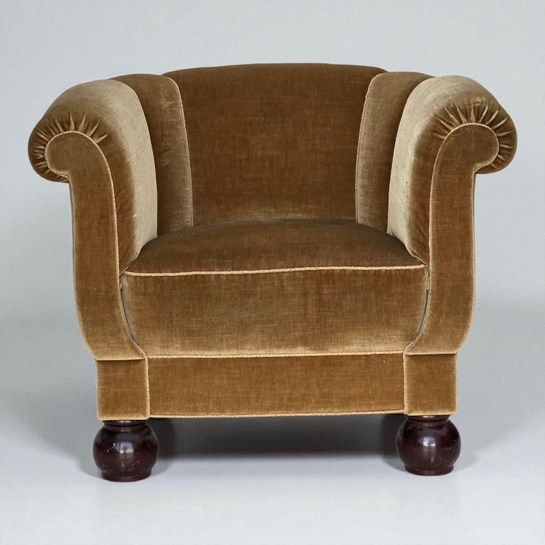 1960s, Danish Relax Armchair, Light Green Furniture Velour, Oak Wood Legs.
