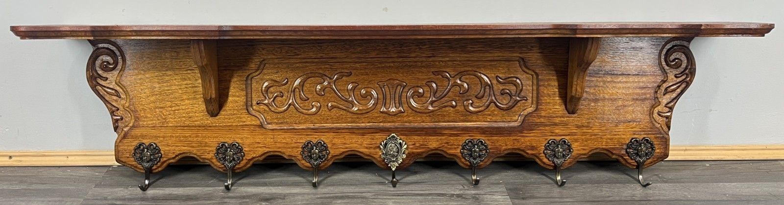 French Vintage Coat Rack Oak 7 Hooks Wall Shelf Carved Coat Hanger Lot 4492 photo furniture