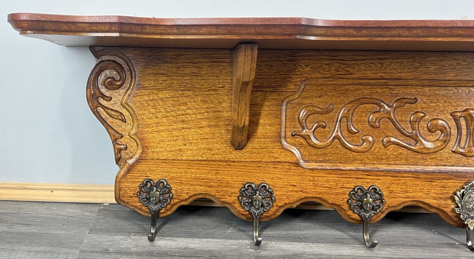 French Vintage Coat Rack Oak 7 Hooks Wall Shelf Carved Coat Hanger Lot 4492 photo Furniture