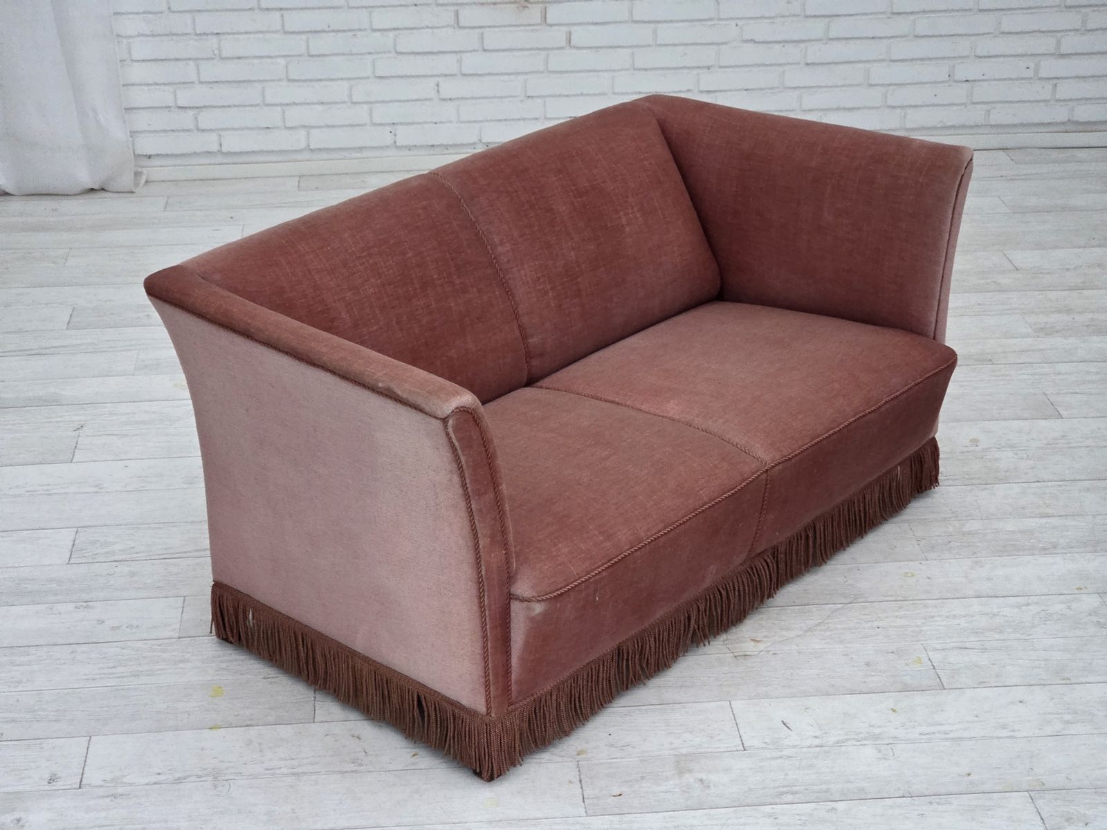 1970s, Danish 2 Seater Sofa, Original Salmon Pink Furniture Velour. photo Furniture