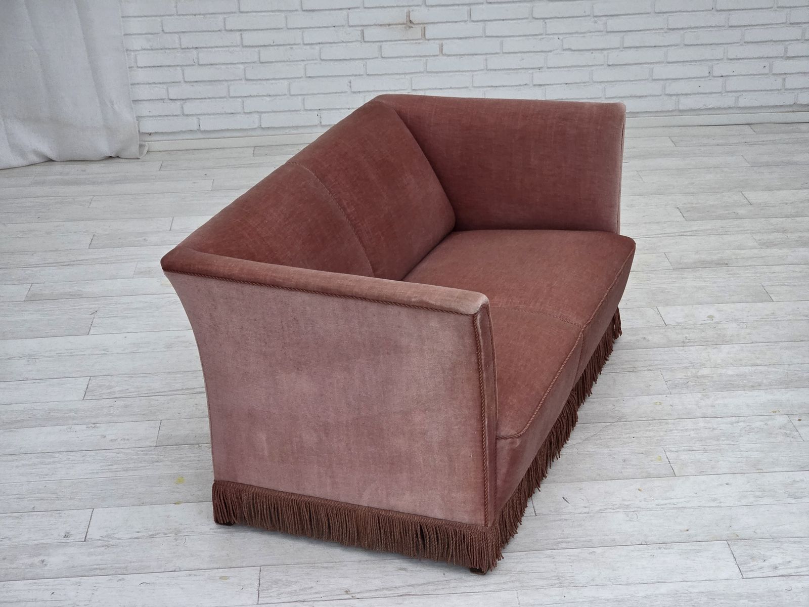 photo buy 1970s, Danish 2 Seater Sofa, Original Salmon Pink Furniture Velour.
