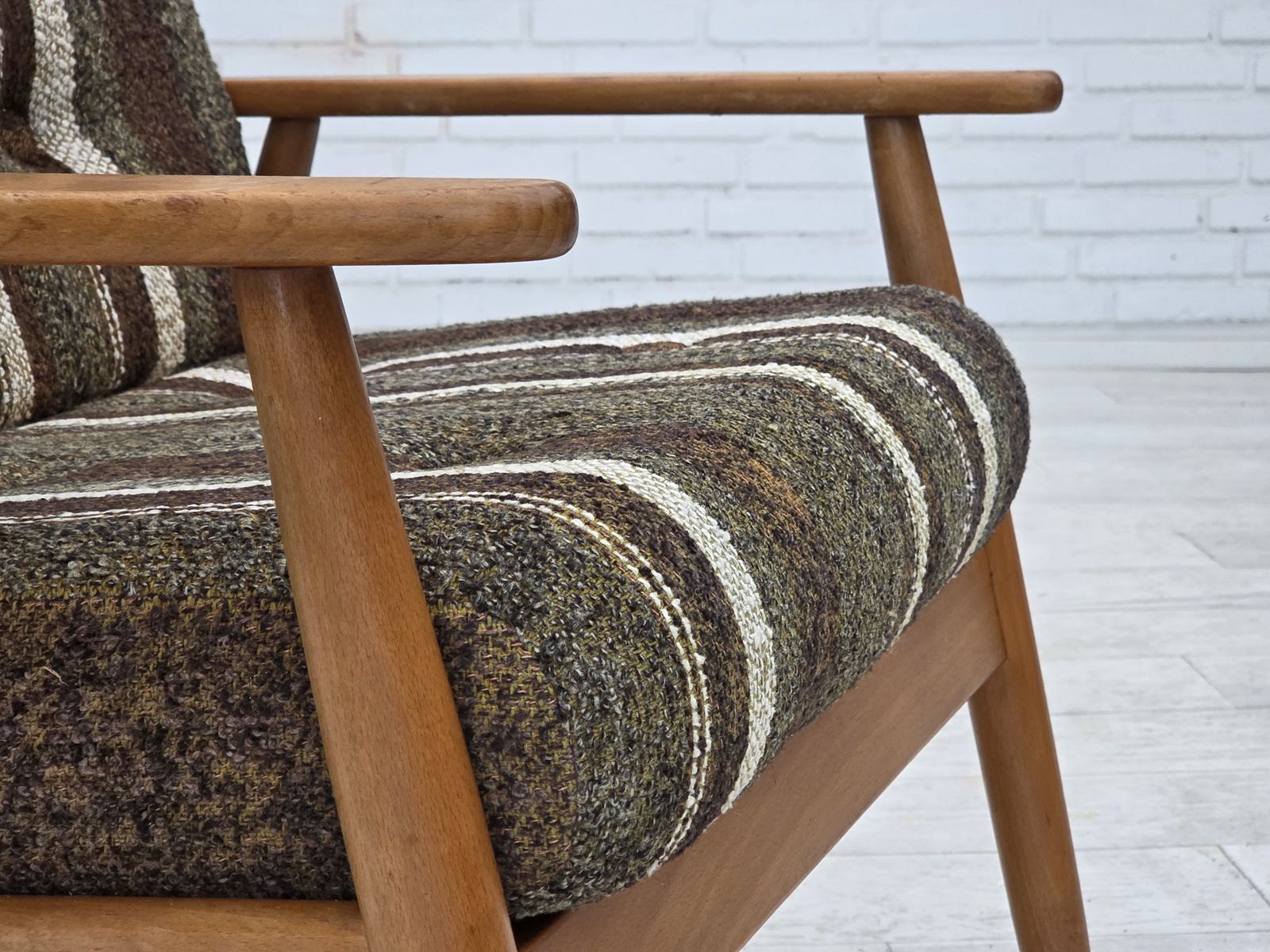 1970s, Danish Armchair, Beech Wood, Furniture Wool Fabric. photo vintage
