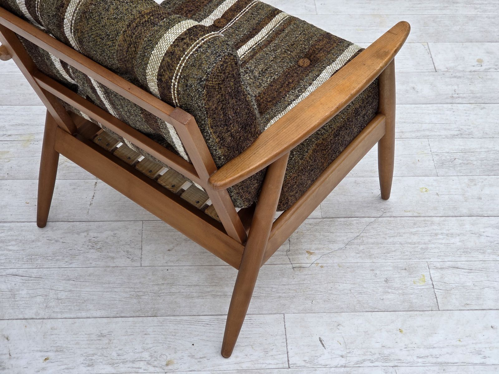photo furniture 1970s, Danish Armchair, Beech Wood, Furniture Wool Fabric.