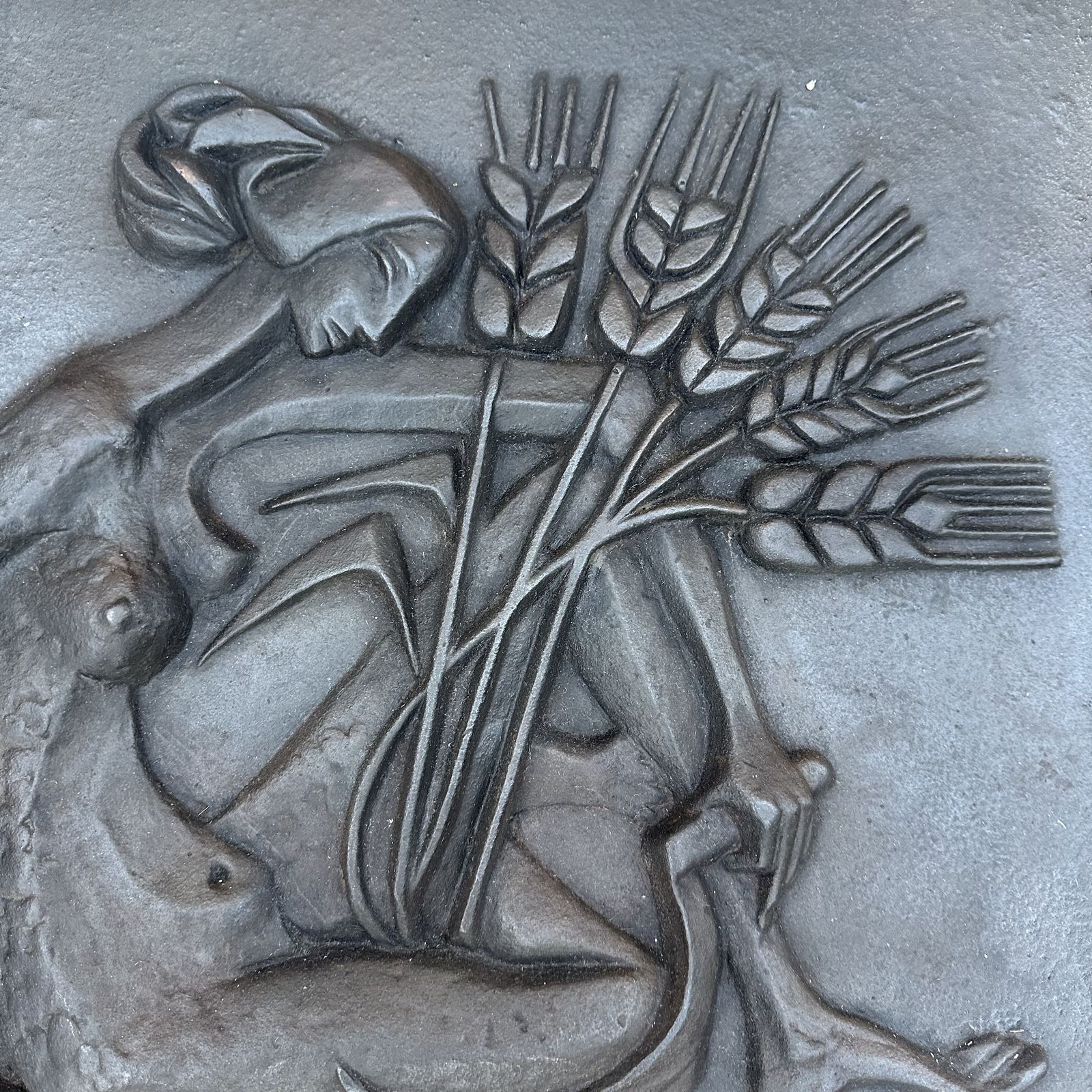 Modernist Cast Iron Plaque Depicting A Nude Woman Holding A Scythe And Ears Of Wheat photo buy
