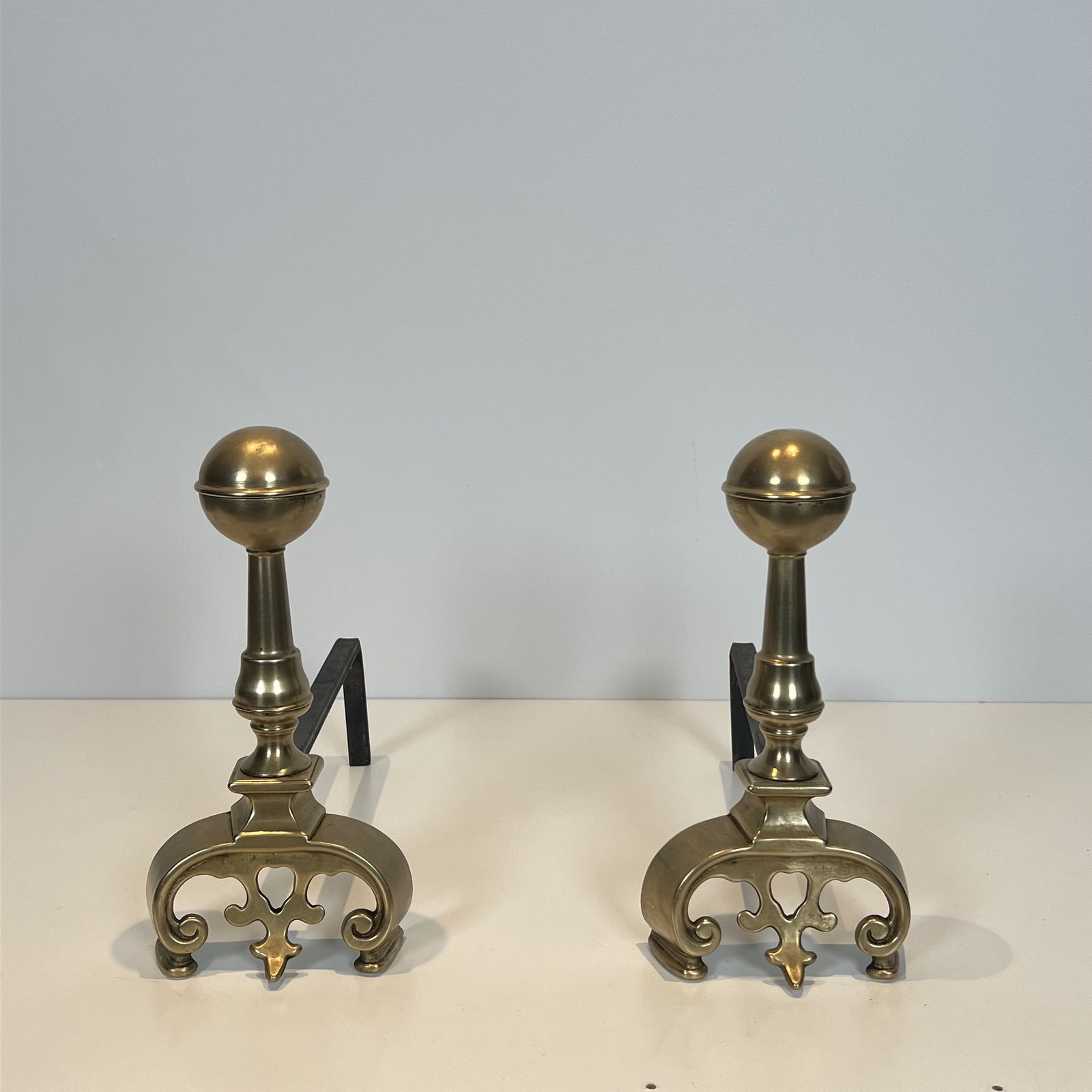 Pair Of Brass Andirons, 1900s, Antique photo for sale