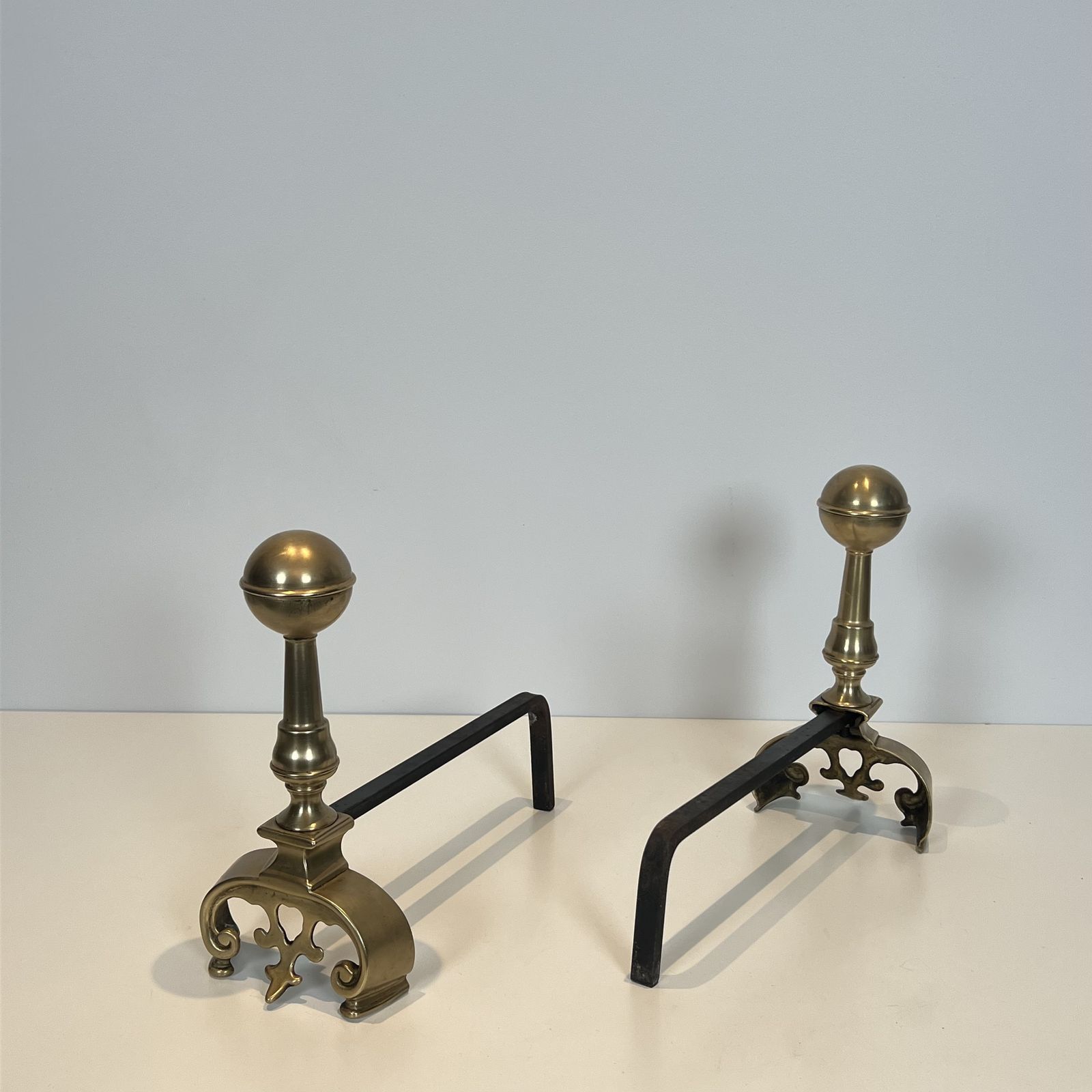 Pair Of Brass Andirons, 1900s, Antique photo 1250.0