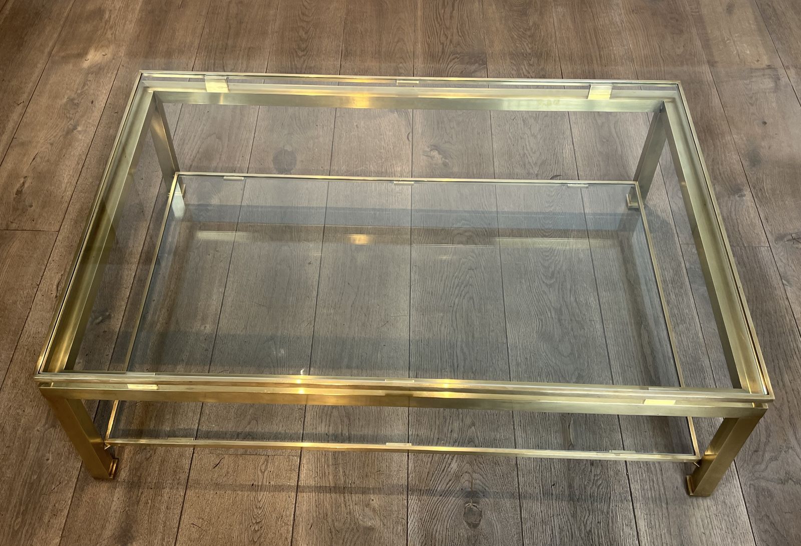 photo vinterior Modernist Coffee Table In Brass And Glass Tops By Guy Lefèvre For Maison Jansen