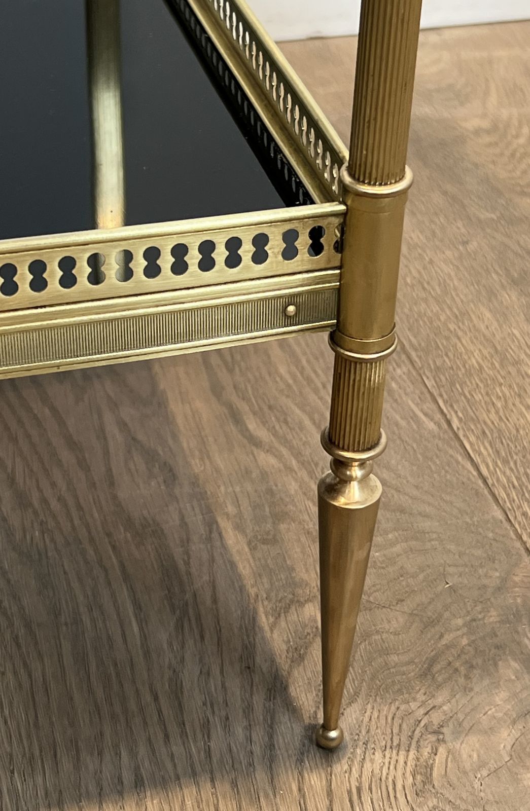 Furniture Pair Of Neoclassical Style Brass Side Tables With Black Lacquered Glass Top By Maison Jansen photo