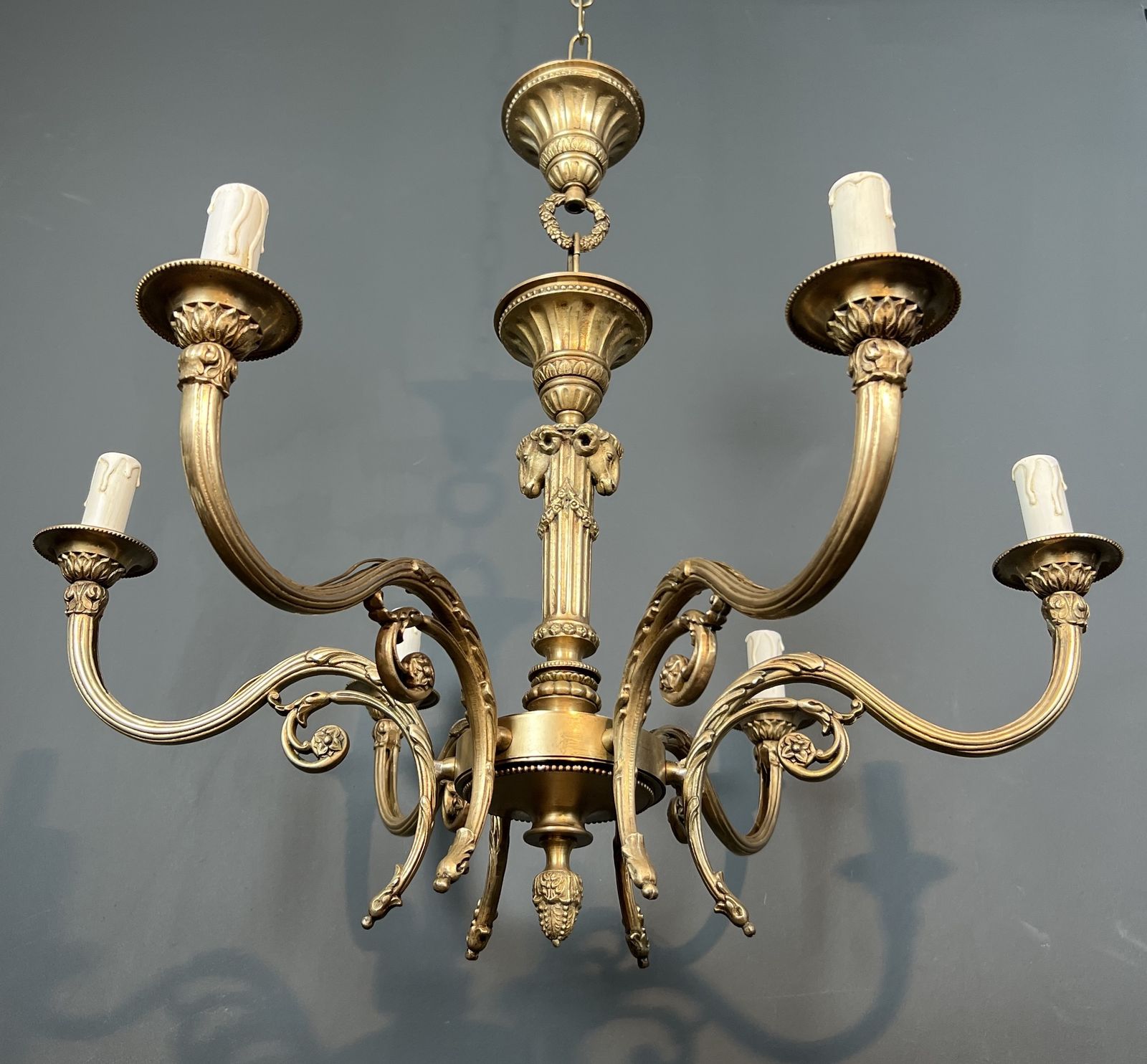 Lighting Bronze Chandelier With Ram's Heads In The Louis XVI Style, In The Style Of The Jansen Family photo