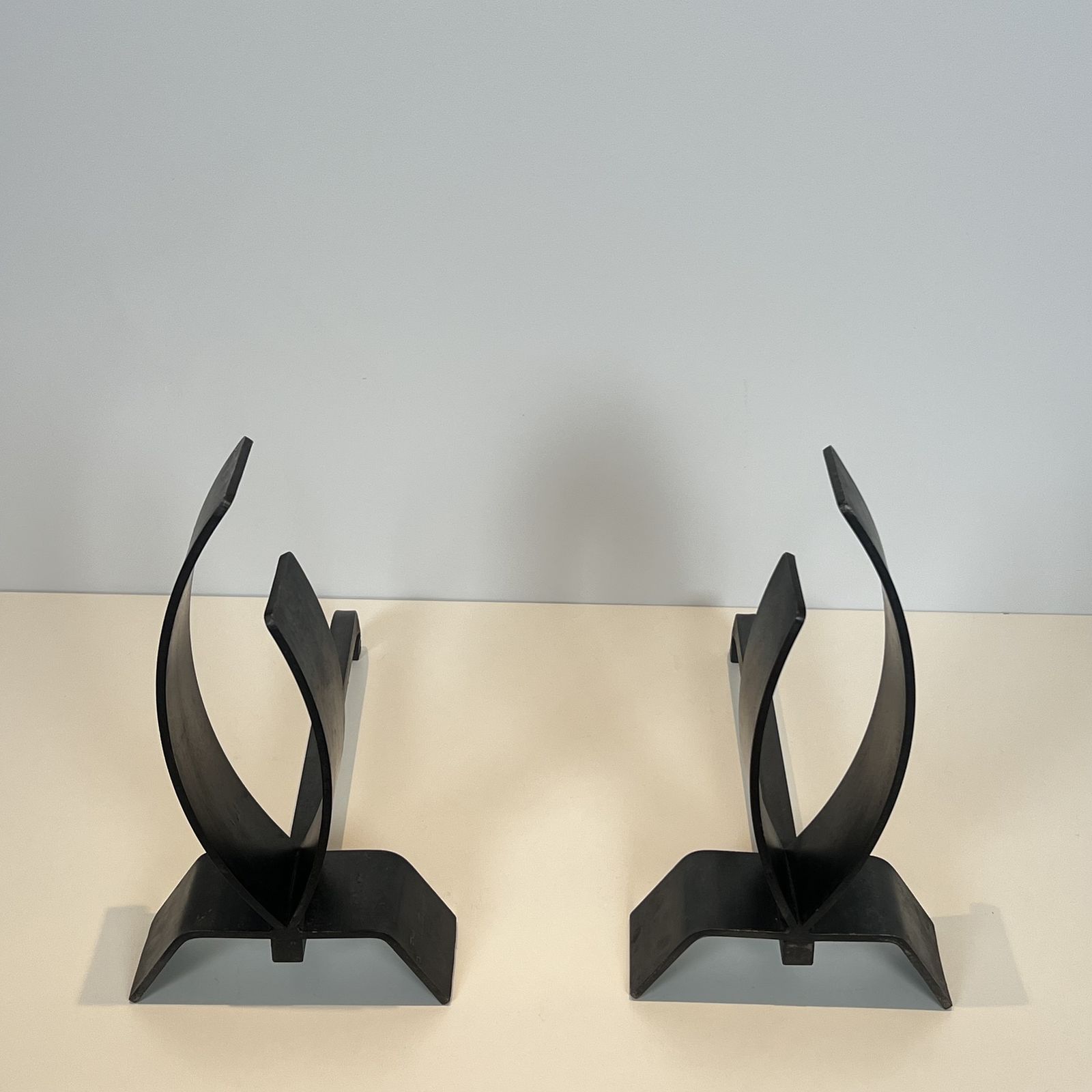 Pair Of Modernist Steel And Wrought Iron Andirons photo for sale