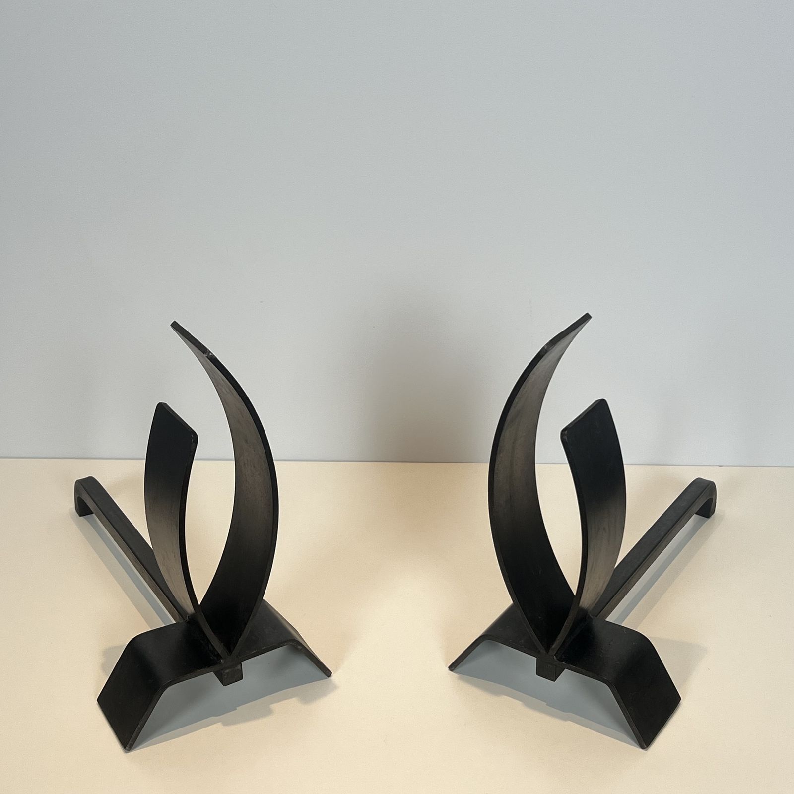 photo buy Pair Of Modernist Steel And Wrought Iron Andirons