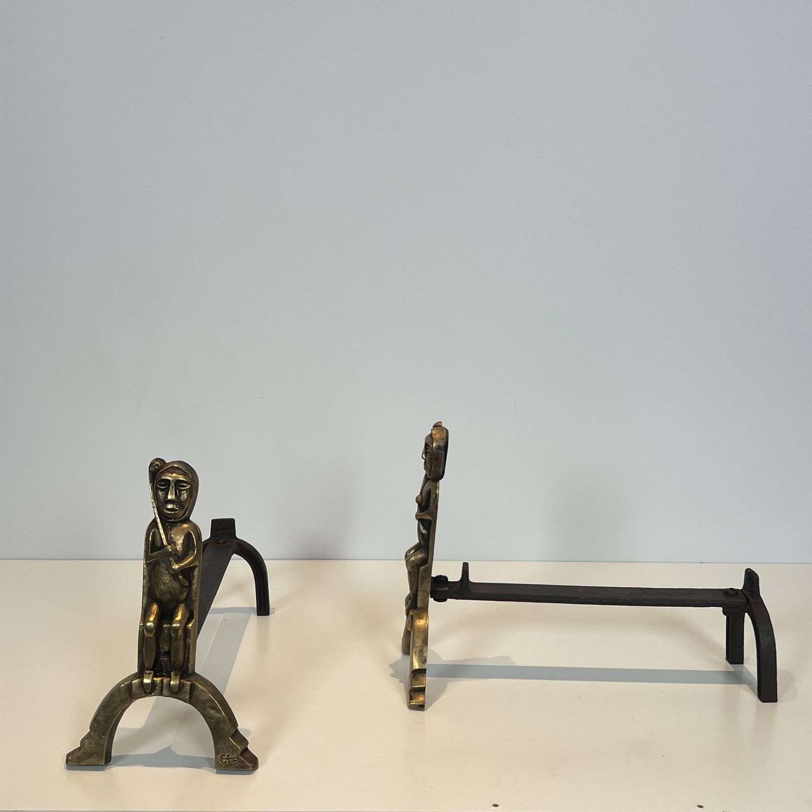 Pair Of Bronze Andirons With Seated Shamans, Monogrammed Anton Prinner photo Home Fixtures