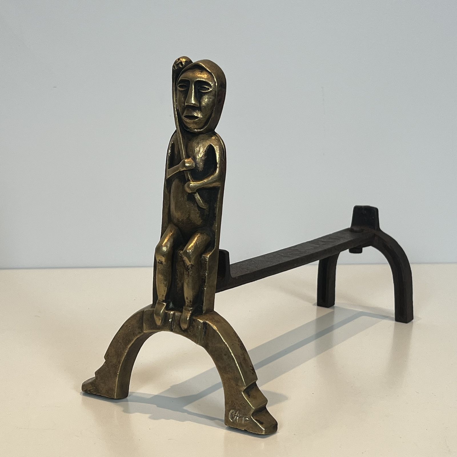 Pair Of Bronze Andirons With Seated Shamans, Monogrammed Anton Prinner photo vinterior