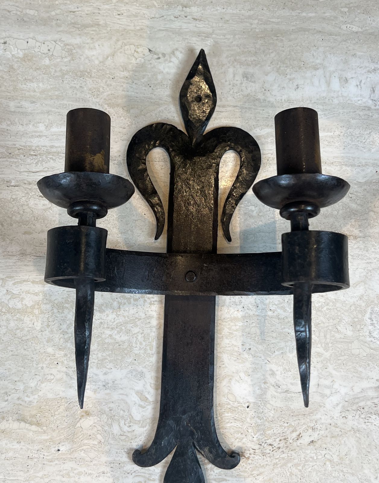 Important Pair Of Wrought Iron Wall Sconces "With Fleur De Lys" Design, 2 Light Gothic Style photo 1950.0