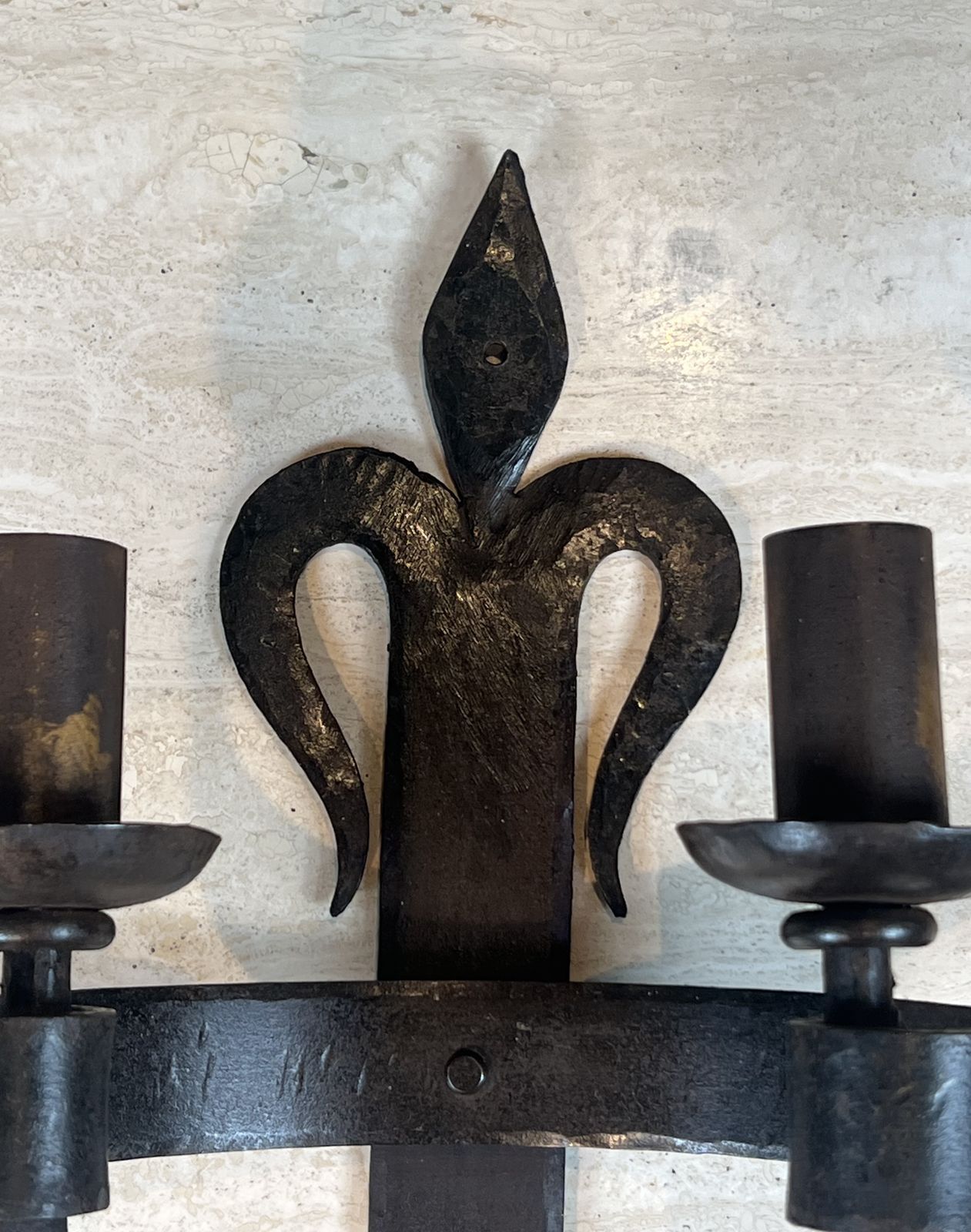 Important Pair Of Wrought Iron Wall Sconces "With Fleur De Lys" Design, 2 Light Gothic Style photo buy