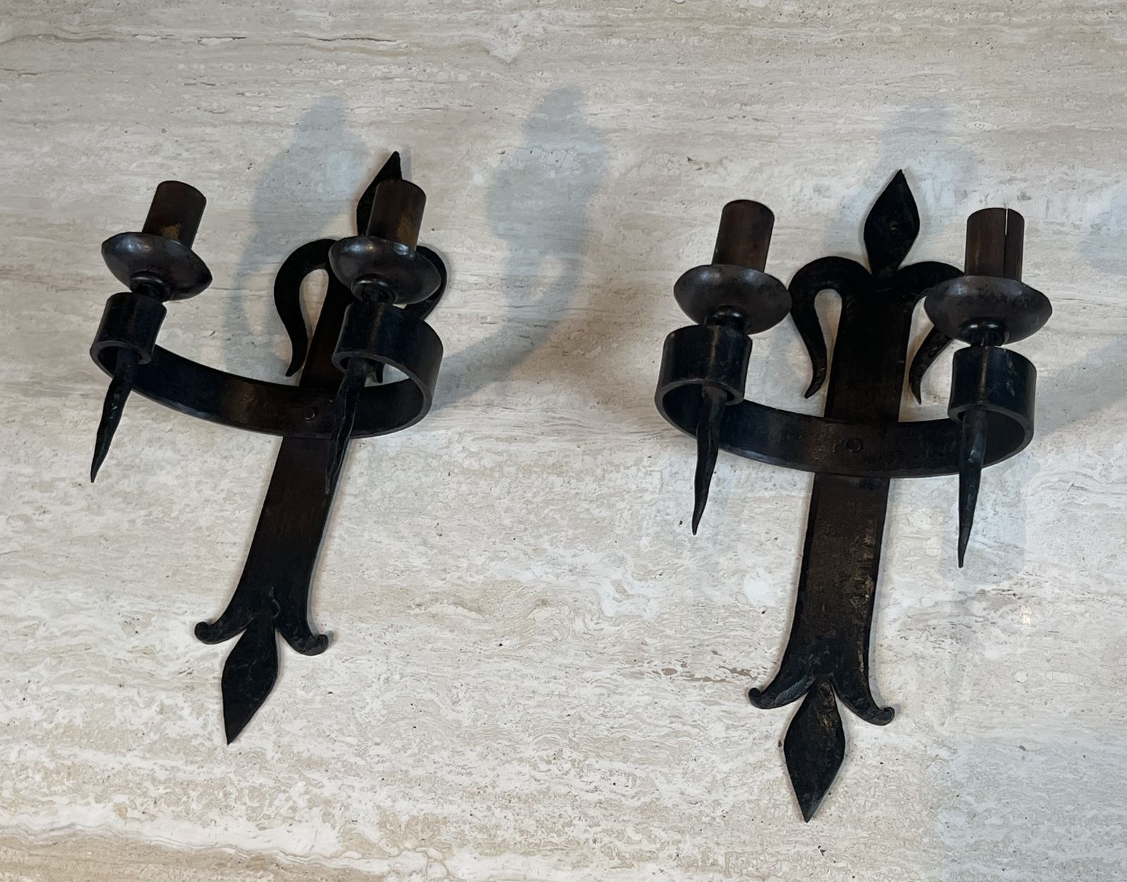 Home Decor Important Pair Of Wrought Iron Wall Sconces "With Fleur De Lys" Design, 2 Light Gothic Style photo