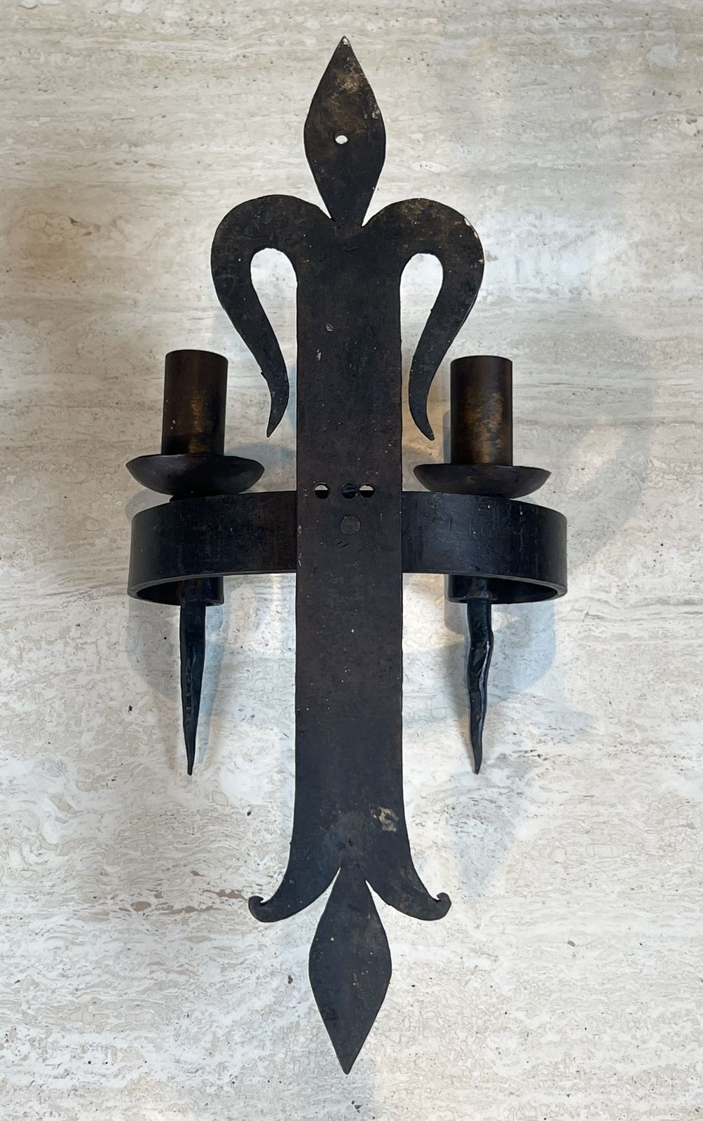 1950.0 Important Pair Of Wrought Iron Wall Sconces "With Fleur De Lys" Design, 2 Light Gothic Style photo