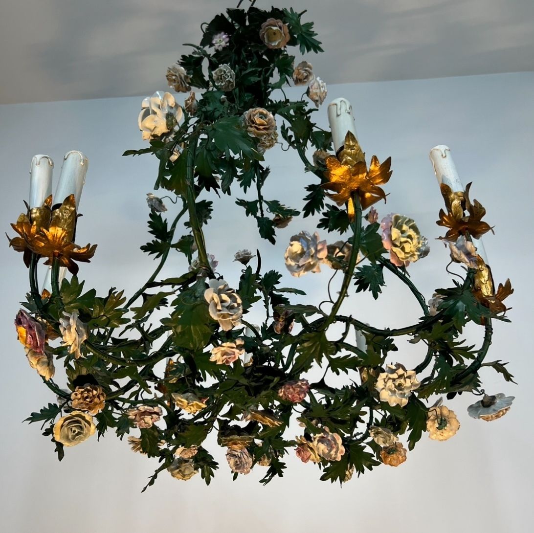 Important Louis XVI Style Brass Basket Chandelier In Green Lacquered Metal Foliage And Meissen Porcelain Flowers photo 9500.0