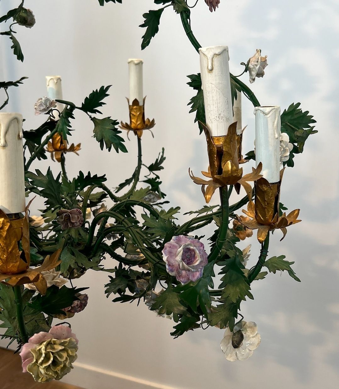Lighting Important Louis XVI Style Brass Basket Chandelier In Green Lacquered Metal Foliage And Meissen Porcelain Flowers photo