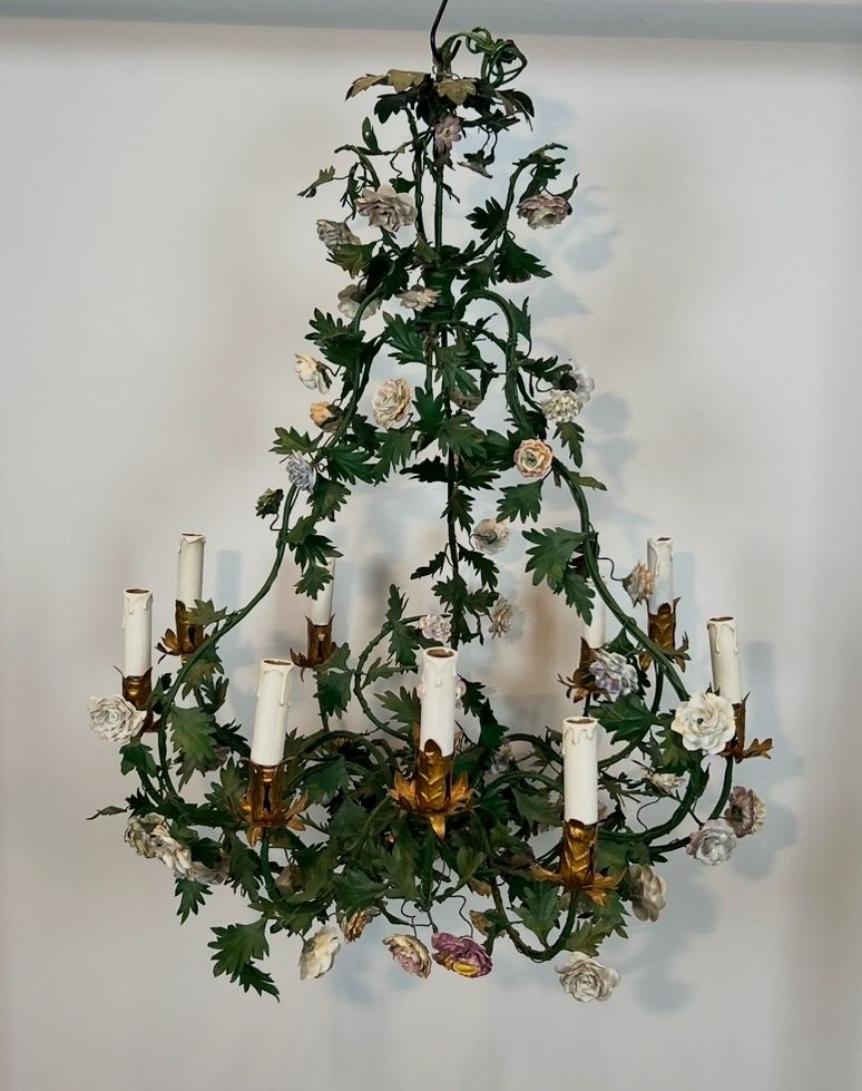 9500.0 Important Louis XVI Style Brass Basket Chandelier In Green Lacquered Metal Foliage And Meissen Porcelain Flowers photo