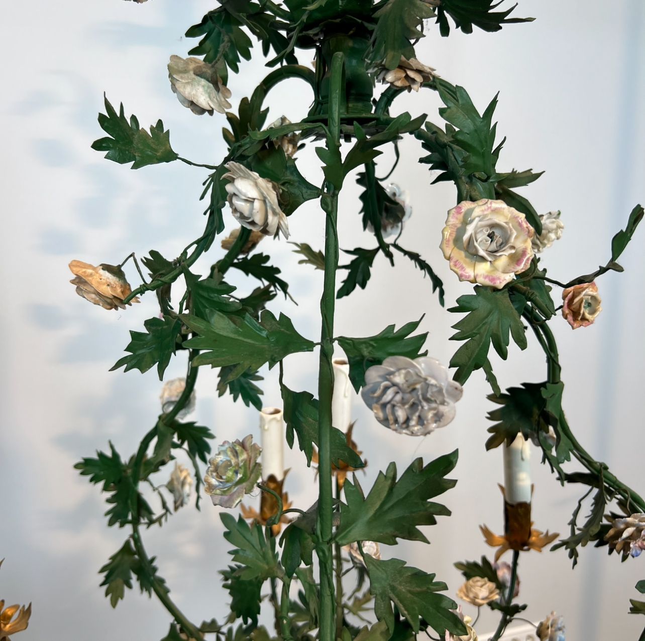 photo buy Important Louis XVI Style Brass Basket Chandelier In Green Lacquered Metal Foliage And Meissen Porcelain Flowers