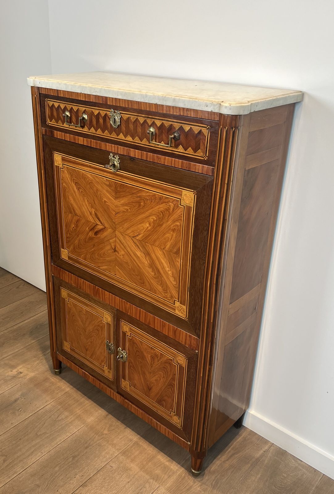 3500.0 Louis XVI Style Drop Front Secretary Desk In Marquetry And Carrara Marble Top photo